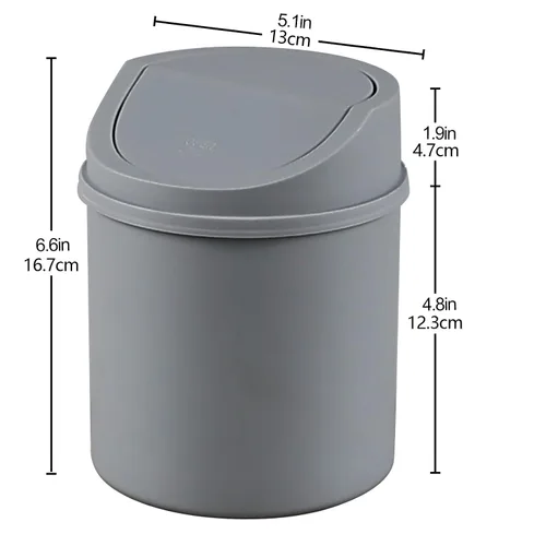 Miniatura 2 de Mini basurero de escritorio de plástico de 2 L, pequeño bote de basura con tapa giratoria, color gris