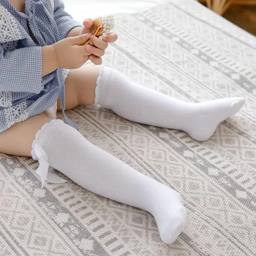 Miniatura 5 de CozyWay Calcetines altos hasta la rodilla para bebés y niñas con lazo, medias largas con volantes, calcetines con volantes, leggings para uniforme