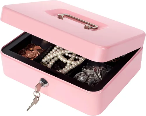 Miniatura 6 de Caja de dinero con cerradura y bandeja de dinero, caja de dinero de metal, caja grande para dinero 9.84 x 7.87 x 3.54 pulgadas, color negro