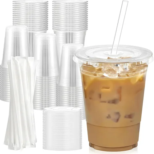 Miniatura 9 de Plastic Clear Cups [12 oz] with Lids and Straws [10 Set] Disposable Cold Beverage Drinking Iced Coffee Water Juice Tea Party Travel Cafe School