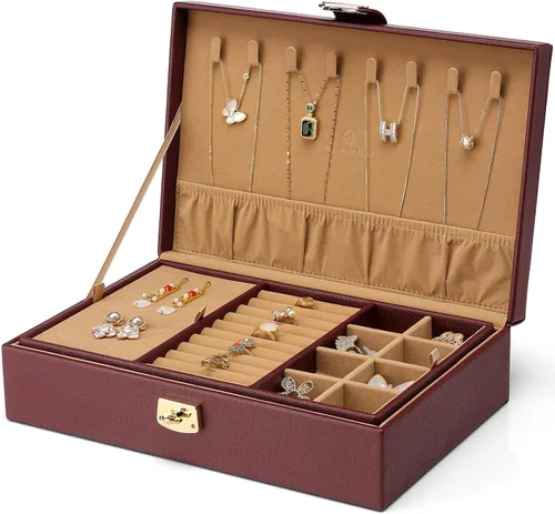 Miniatura 7 de Vlando Joyero para mujeres y niñas organizador de joyas grande de 2 capas soporte de joyería de piel sintética con bandeja extraíble para collares