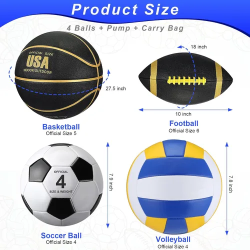 Miniatura 2 de HyDren Juego de 4 pelotas deportivas de tamaño oficial para baloncesto, balón de fútbol, voleibol, con bolsa de transporte y inflador, regalo