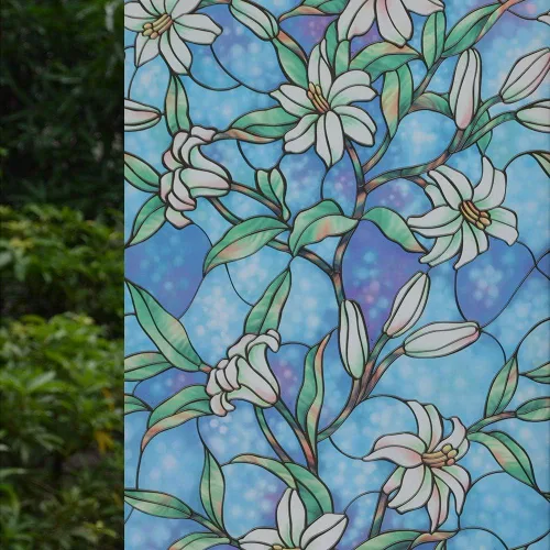 Miniatura 6 de VSUDO Película de privacidad esmerilada de color de 17.7 x 78.7 pulgadas, extraíble, sin pegamento, colorido patrón de orquídea azul lirio, película