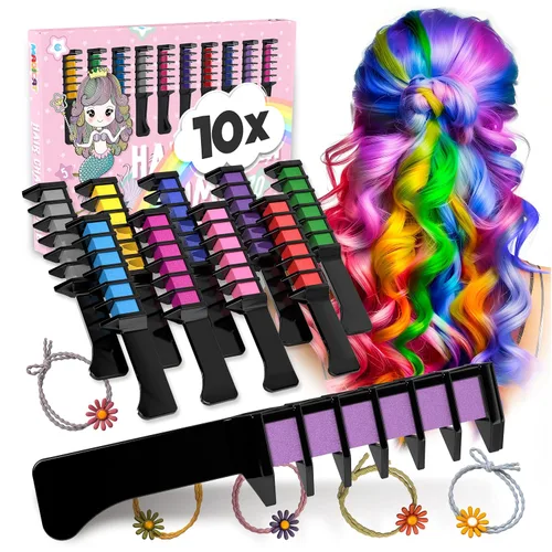 Magicat Juego de peines de tiza para el cabello, 10 colores lavables no tóxicos + 5 lazos para el cabello, color temporal para el cabello para niños