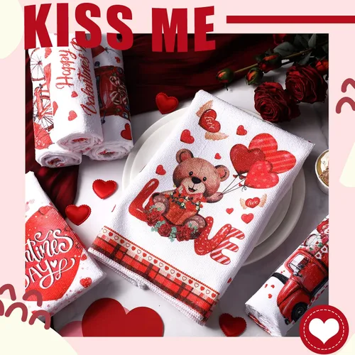 Miniatura 2 de Patelai 6 toallas de cocina para el día de San Valentín, corazones rojos, a cuadros, camión, té, baño, vacaciones, platos, 21.3 x 14.3 pulgadas