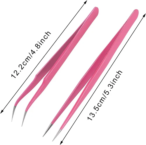 Miniatura 5 de Hotop 2 Piezas Pinzas de punta recta y curva para extensiones de pestañas, Herramientas de aplicación de pestañas postizas de acero inoxidable rosa.