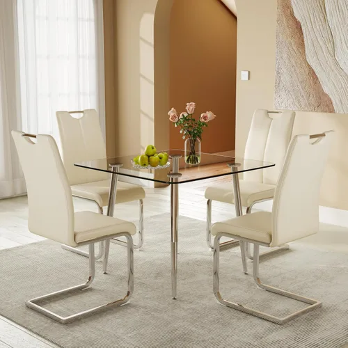 Juego de mesa de comedor cuadrada de vidrio de 36 pulgadas con 4 sillas tapizadas de piel sintética con respaldo alto, diseño moderno de patas de