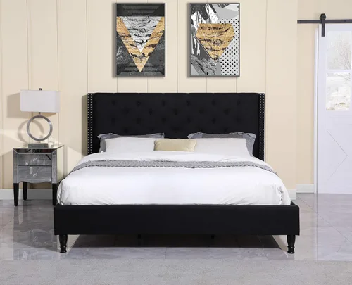 Miniatura 11 de Base de cama de plataforma tapizada completa con cabecero de 51 pulgadas de alto, cama de tela copetuda con botones, soporte de listones de madera