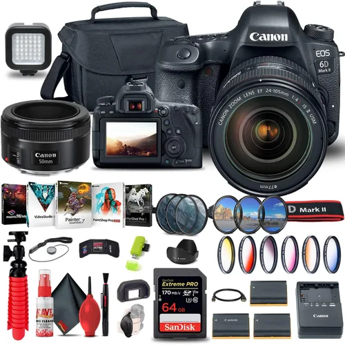 Canon Cámara DSLR EOS 6D Mark II con lente f/4L II de 0.945-4.134 in (1897C009) + lente Canon EF de 1.969 in + tarjeta de memoria de 64 GB + kit de
