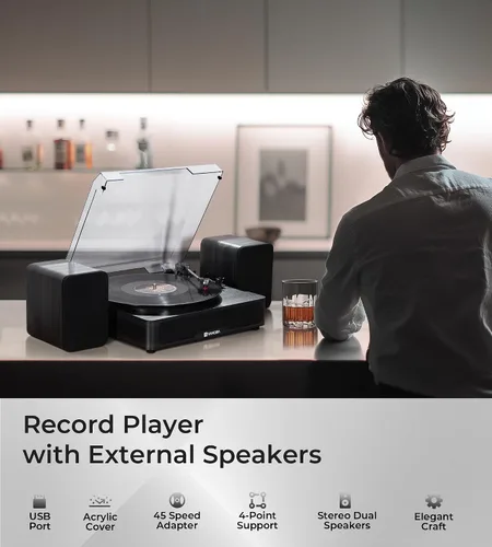Miniatura 2 de VANGOA Tocadiscos de vinilo, tocadiscos de 3 velocidades con receptor Bluetooth, altavoces estéreo integrados, color negro