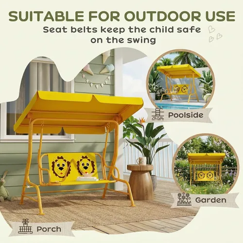 Miniatura 5 de Qaba Columpio de patio para niños, 2 plazas para porche al aire libre con toldo ajustable, cinturón de seguridad, banco colgante con patrón de león