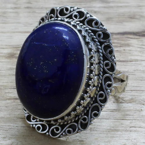 Miniatura 7 de NOVICA Anillo de cóctel hecho a mano de plata de ley 925 lapislázuli con piedra natal azul de la India 'Swirling Sky