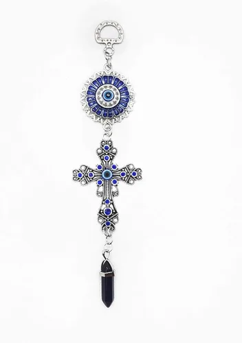 Miniatura 14 de LUCKBOOSTIUM Amuleto de cruz con incrustaciones de cristal azul y mandala azul de ojo malvado con piedra curativa colgante, dijes de naturaleza