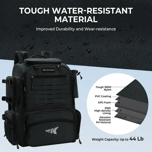 Miniatura 5 de KastKing Bait Boss Mochila de aparejos de pesca con soportes para caña, 4 cajas de aparejos, cubierta para lluvia, almacenamiento grande de 43 L E