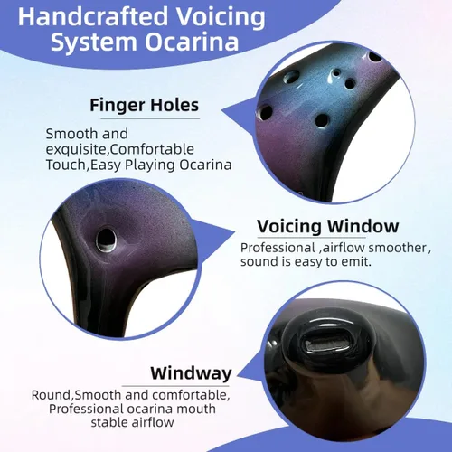 Miniatura 3 de Instrumento de Ocarina de 12 Agujeros con Libro de Canciones para Principiantes, Ocarina de Cerámica Alto C (Azul Estrellado y Morado y Negro)