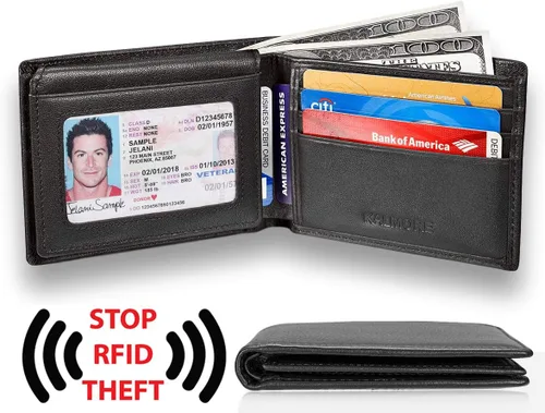 Miniatura 3 de KALMOR Cartera de cuero plegable con bloqueo RFID para hombre con ventana de identificación