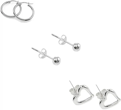 Miniatura 2 de Sterling Silver 12mm Tiny Click-Top Hoops, 4mm Ball Bead & Small Heart Stud Earrings Jewelry Set for Women Girls Men