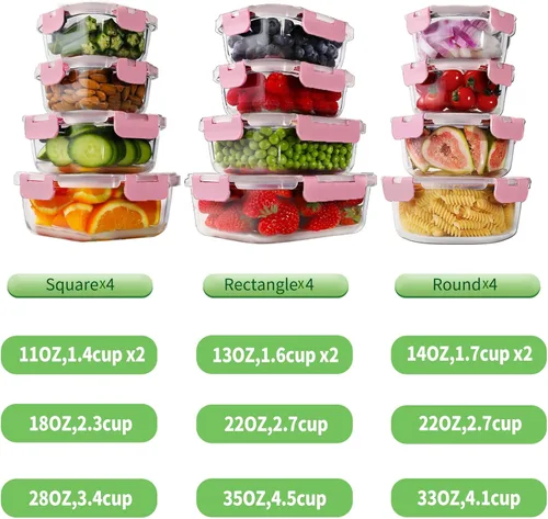 Miniatura 3 de HOMBERKING 24 recipientes de vidrio para almacenamiento de alimentos con tapas, cajas Bento de vidrio herméticas, sin BPA y a prueba de fugas, Rosa