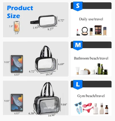 Miniatura 2 de Neceser de viaje, bolsa de aseo transparente con asa, bolsa de maquillaje impermeable para playa, viajes, gimnasio, Negro
