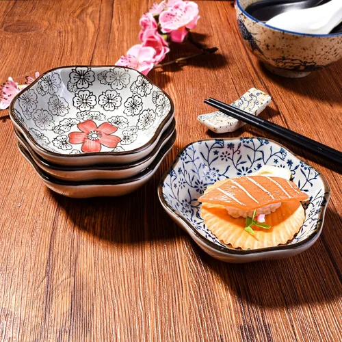 Miniatura 3 de Juego de 4 cuencos japoneses de cerámica en forma de flor, platos pequeños de 4 pulgadas para salsa de soja, condimentos, sushi, aperitivos