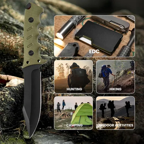Miniatura 2 de Jasni Cuchillo de caza de supervivencia con funda, acero inoxidable, mango antideslizante completo, cuchillo táctico de hoja fija de 11 pulgadas