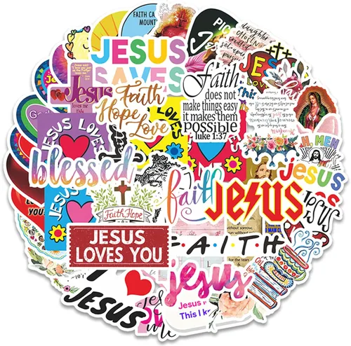 Miniatura 49 de Calcomanías católicas religiosas, paquete de calcomanías de fe y cruz de la Biblia religiosa, regalos para adultos, adolescentes y niños, 60 Jesús a
