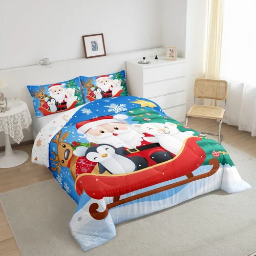 Miniatura 4 de Juego de edredón de Navidad de dibujos animados para niños, tamaño individual, juego de ropa de cama Kawaii de Papá Noel, pingüino, ciervo