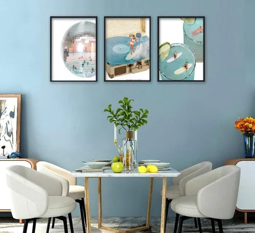 Miniatura 6 de 3 piezas de lienzo azul de moda preppy arte de pared retro de bola de discoteca estética bar carro póster impreso ilustraciones azul costero niña