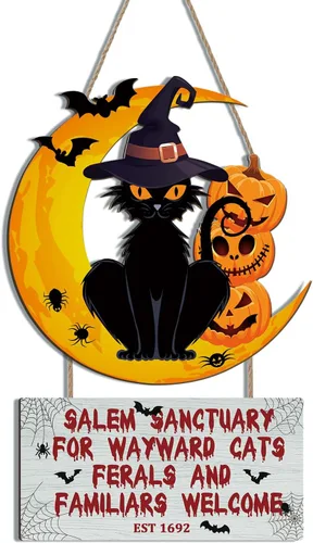 KAIRNE Decoraciones vintage de Halloween, placas de madera de gato y murciélago negro, sombrero de bruja de telaraña, colgador de madera y calabazas
