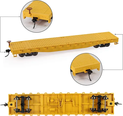 Miniatura 4 de Evemodel C8741 2pcs HO Scale 1:87 52' Transportador plano de coche plano 52 pies Modelo Tren Contenedor de transporte de carga Coche (amarillo)