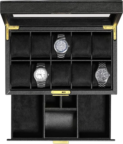 Miniatura 9 de ROTHWELL Caja de reloj de cuero de 10 ranuras con cajón de valet, organizador de exhibición de lujo con forro de microgamuza ultrasuave, soporte