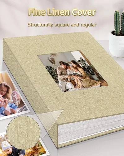 Miniatura 6 de Álbum de fotos Artfeel 4x6 con 300 bolsillos, álbumes de fotos deslizables, libro de memorias con cubierta de lino y ventana frontal, libro de fotos