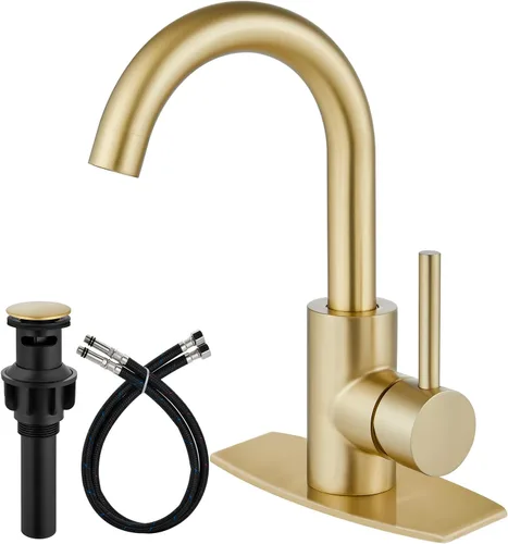 Airuida Grifo de baño de un solo agujero, acero inoxidable giratorio de 360° con drenaje desplegable y placa de cubierta, grifo moderno de barra o