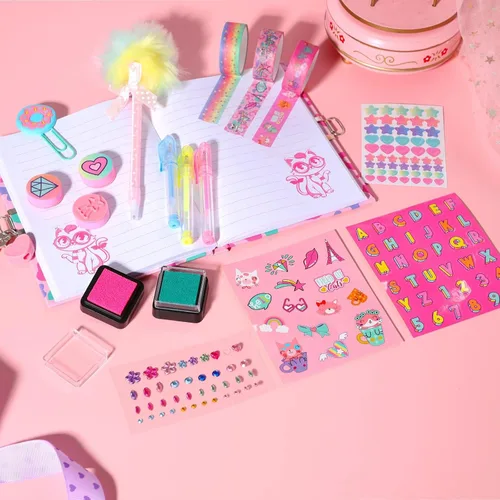 Miniatura 5 de Diario de gato para niñas con cerradura, juego de papelería de gato con diario secreto, sellos, bolígrafos, cuaderno de diario, regalos de Set