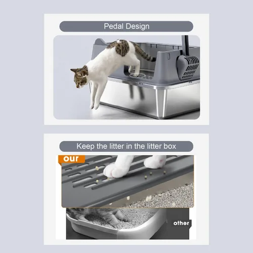 Miniatura 4 de Caja de arena de acero inoxidable para gatos, caja de arena de metal de alta cara abierta con cuchara, cajas de arena extra grandes para gatitos