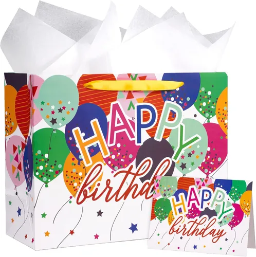 Miniatura 11 de WRAPAHOLIC Bolsa de regalo de cumpleaños grande de 13 pulgadas con tarjeta y papel de seda, bolsas de papel con letras de estrella negra y feliz