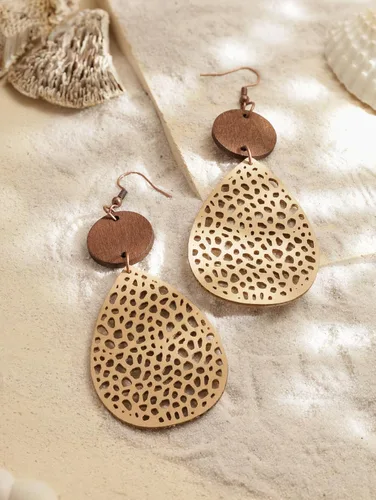 Miniatura 2 de MINACHI Bohemian Hollow Cut-Out Wood Leather Dangle Drop Earrings, Boho Chic Hippie Statement Jewelry Gift for Women