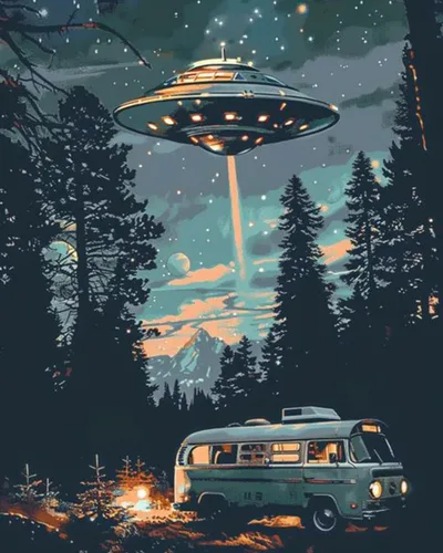 Tucocoo - Kit de pintura al óleo por números para adultos, UFO estrellado DIY, autobús en el bosque, pintura acrílica, arte de luna y estrellas,