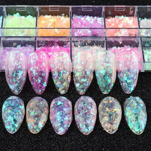 Miniatura 7 de 12 rejillas de lentejuelas de uñas con purpurina, lentejuelas de uñas de acrílico 3D holográficas, copos de uñas de sirena irregulares, lentejuelas