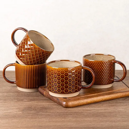 Miniatura 43 de GBhome Tazas de café apilables de 6 onzas, tazas de café de cerámica con patrones de textura para hombre, mujer, papá, mamá, juego de 4 tazas