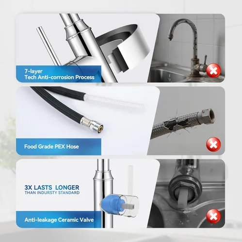 Miniatura 7 de Grifos de cocina con rociador extraíble, grifos para fregaderos de cocina, grifo de cocina cromado, mango único de acero inoxidable, 1 o 3 agujeros