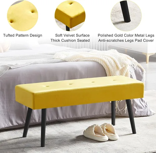 Miniatura 3 de Homedot Banco decorativo para sala de estar, banco otomano elegante de terciopelo para dormitorio, pie de cama con patas de metal negro, banco