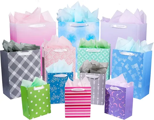 Paquete de 12 bolsas de regalo de varios tamaños y diseños, bolsas de regalo a granel con papel de seda (5 medianas de 8 pulgadas, 4 grandes de 11