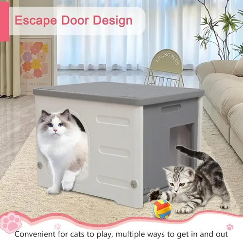 Miniatura 3 de Casa de plástico para gatos para interiores y exteriores, casa impermeable para gatos con puerta de escape para gatos salvajes exteriores, refugio
