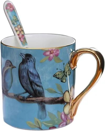 Taza de café de porcelana de porcelana de hueso para la oficina de la cocina del hogar - Patrones de pájaros (azul)