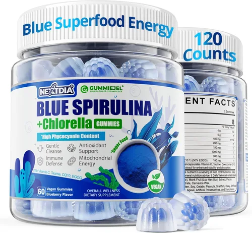 Miniatura 10 de Gomitas de espirulina azul orgánica, alta ficocianina de algas azul-verdes ricas en nutrientes para antioxidantes, energía celular y limpieza
