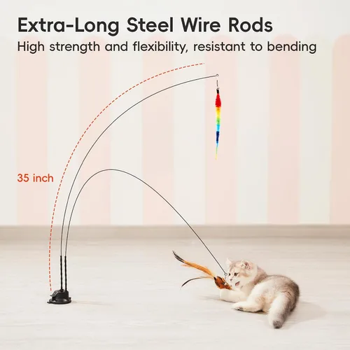 Miniatura 4 de Potaroma Juguete interactivo de varita para gatos con ventosa, doble varita para gatos de interior con 5 accesorios de bolas de plumas, base