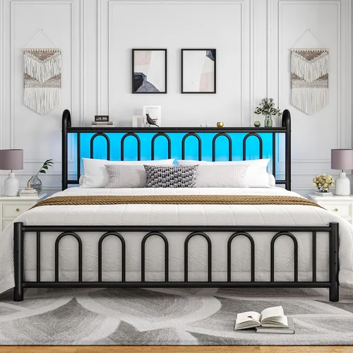 Miniatura 8 de Homkdom Base de cama tamaño King con cabecera de almacenamiento, marco de cama de metal clásico con luces LED y almacenamiento debajo de la cama