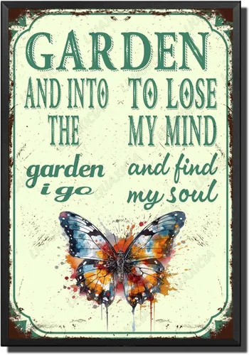 Miniatura 23 de LIUAXICIA Letreros divertidos de metal con texto en inglés "In The Garden to Lose My Mind and Find My Soul Bee Garden - Letreros de lata