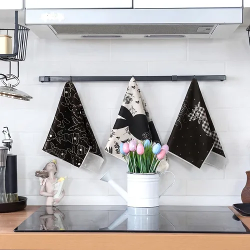 Miniatura 2 de Preboun 6 toallas de cocina con huevos de Pascua, toallas de mano retro con diseño de conejo, color negro y blanco a cuadros, paño decorativo